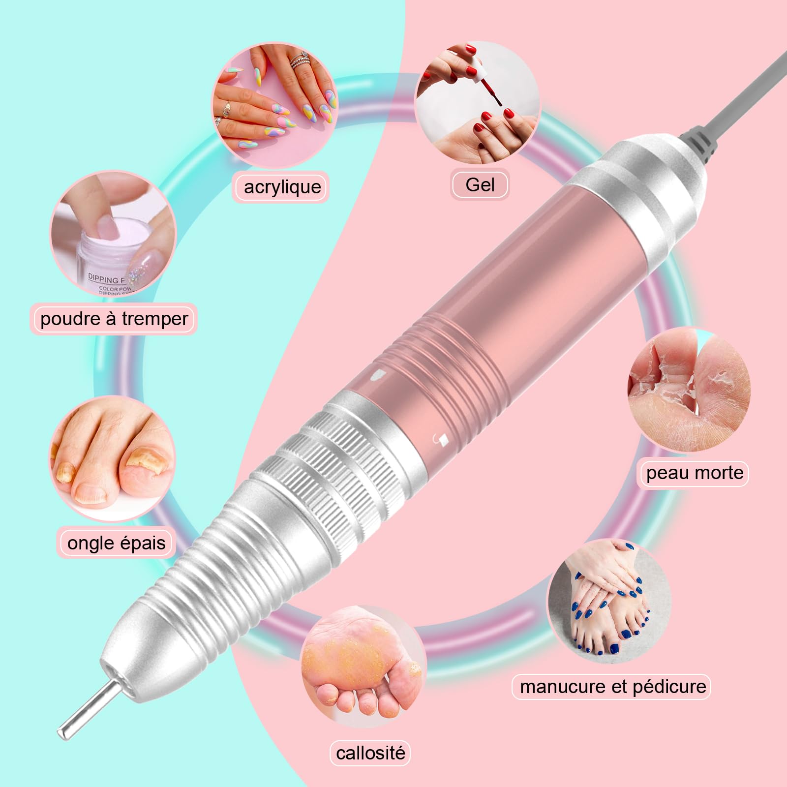 Delanie Ponceuse pour Ongles Professionnel Electrique 35000RPM pour Manucure/Pédicure avec 6 Embouts pour Retirer Vernis et Gel(Ros)