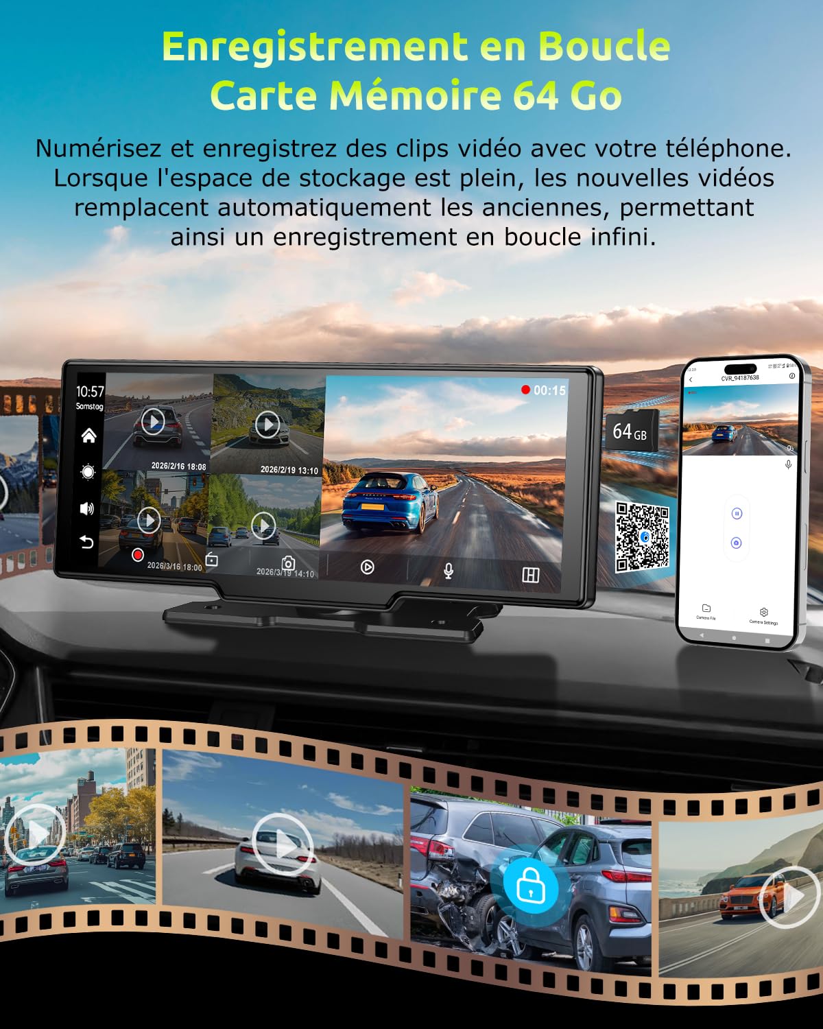 ESSGOO CarPlay Voiture, Supporte CarPlay sans Fil et Android Auto, Écran Tactile IPS 10,26 Pouces, Caméra Avant 4K et Caméra de Recul 1080P, Bluetooth 5.3, GPS, FM, AUX, Mirror Link, Carte TF 64G