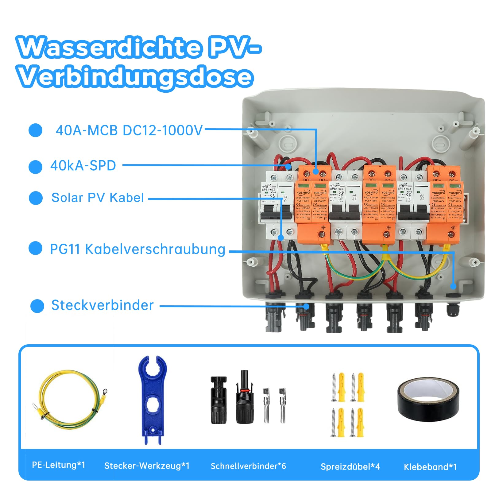 Überspannungsschutz PV, 3 Strings Solar Anschlusskasten 40A/1000V DC Trennschalter, Blitzschutz Leitungsschutzschalter, Solar PV Anschlusskasten IP65 Wasserdicht