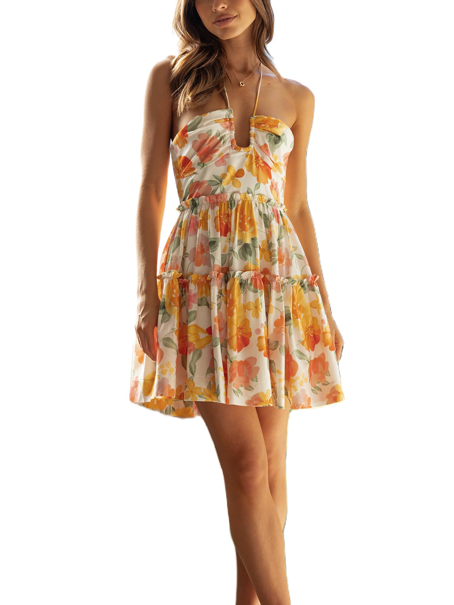 Women's Summer Halter Neck Mini Dress Floral Sleeveless Flowy Tiered A Line Dress Backless Beach Vacation Sundress (B-Yellow Flower, L)