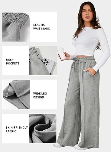 Vista 4 de Aleumdr Pantalones deportivos de cintura alta con cordón y pierna ancha con bolsillos, pantalones de yoga sueltos casuales para mujer