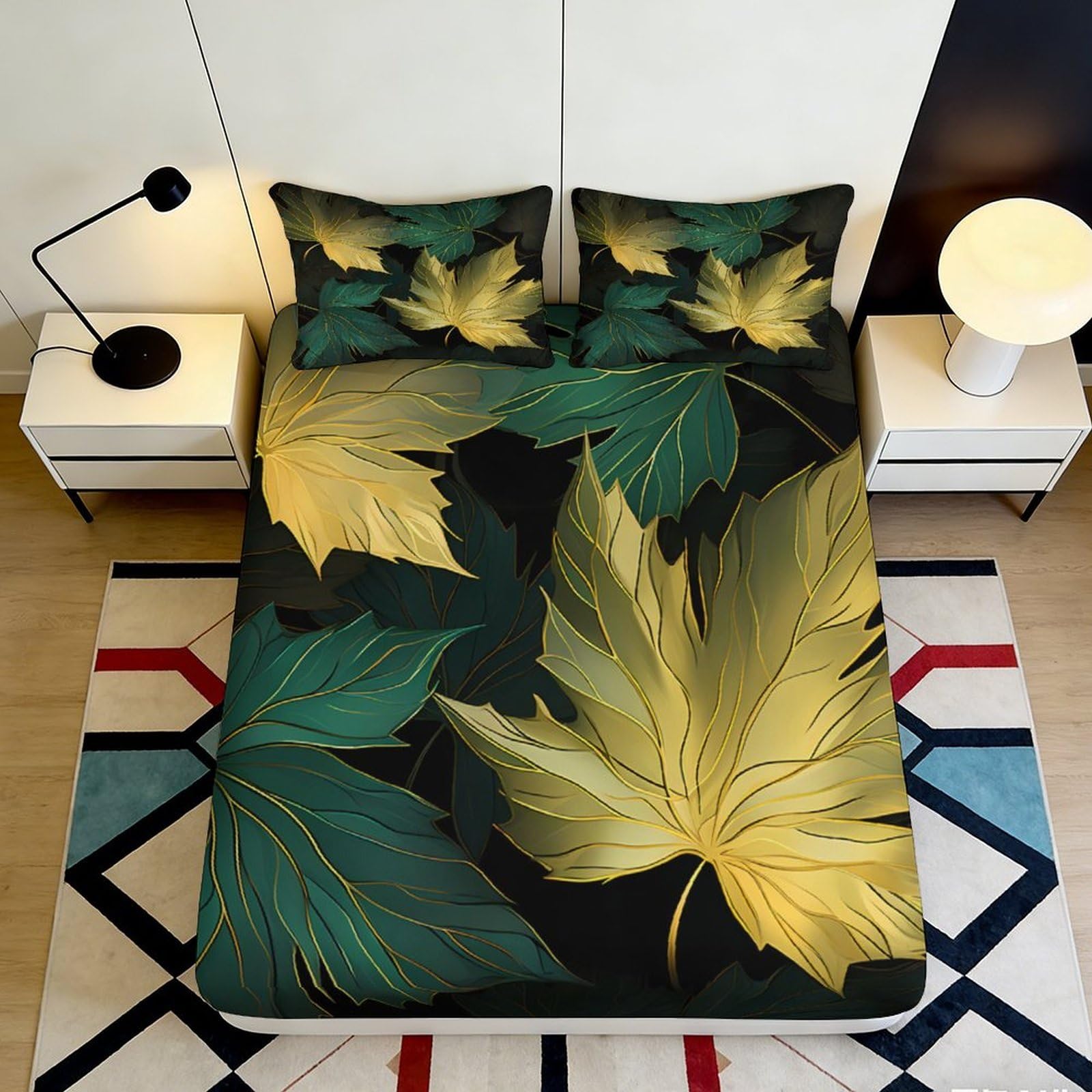 3D Printed Golden Green Maple Leaves Fitted Sheet Microfiber Soft Breathable Black Leaf Bed Cover for Bedroom Dormitory Guest Room Mattress Protection 160x200x25cm