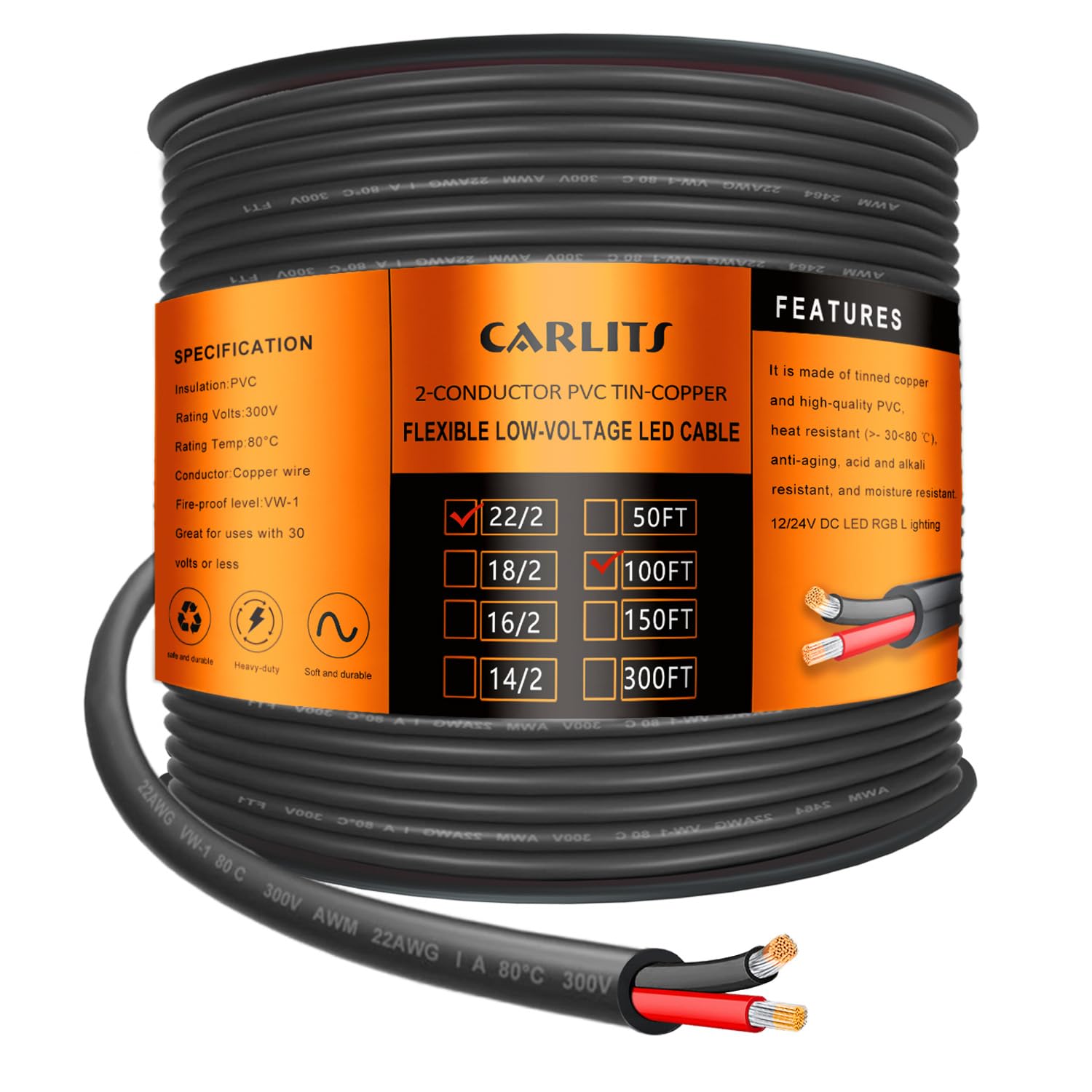 CARLITS 22 Gauge 2 Conductor Electrical Wire, 100FT Black Stranded Low Voltage 22/2 Cable PVC Case, Flexible Extension Power Cord for LED Lamp,