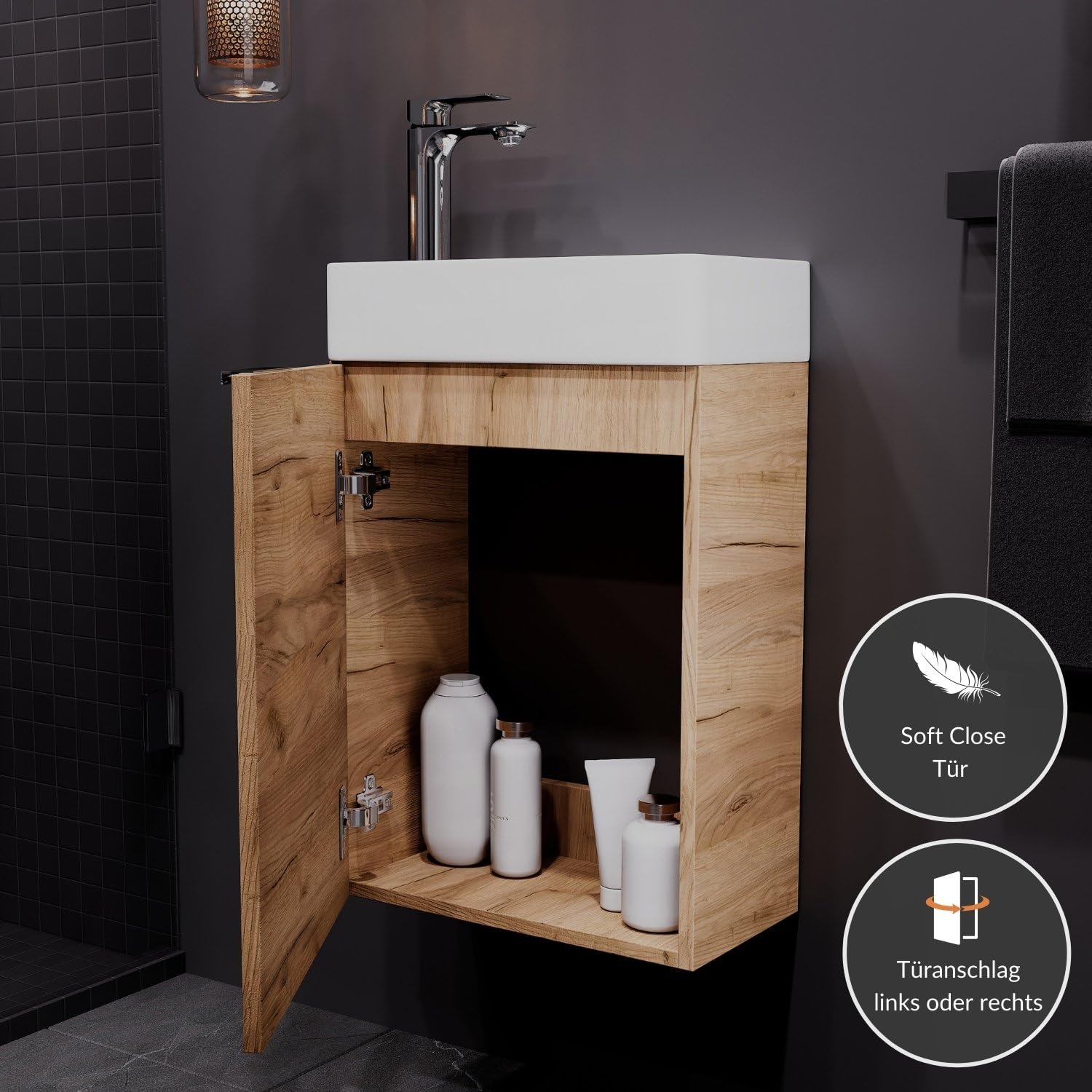 Planetmöbel Waschtisch mit Unterschrank 40 cm Waschbeckenunterschrank, Badmöbel-Set mit Waschbecken für kleine Bäder, Gäste WC, Gold Eiche