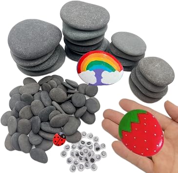 CYLHCM 120 PCS Rocks for Painting, Medium/Small/Tiny Rocks for Painting, Flat DIY Painting Rocks with 30PCS Wiggle Googly Eyes, Smooth Kindness Rocks for Crafts, Arts,Decoration,Hand Picked Stones