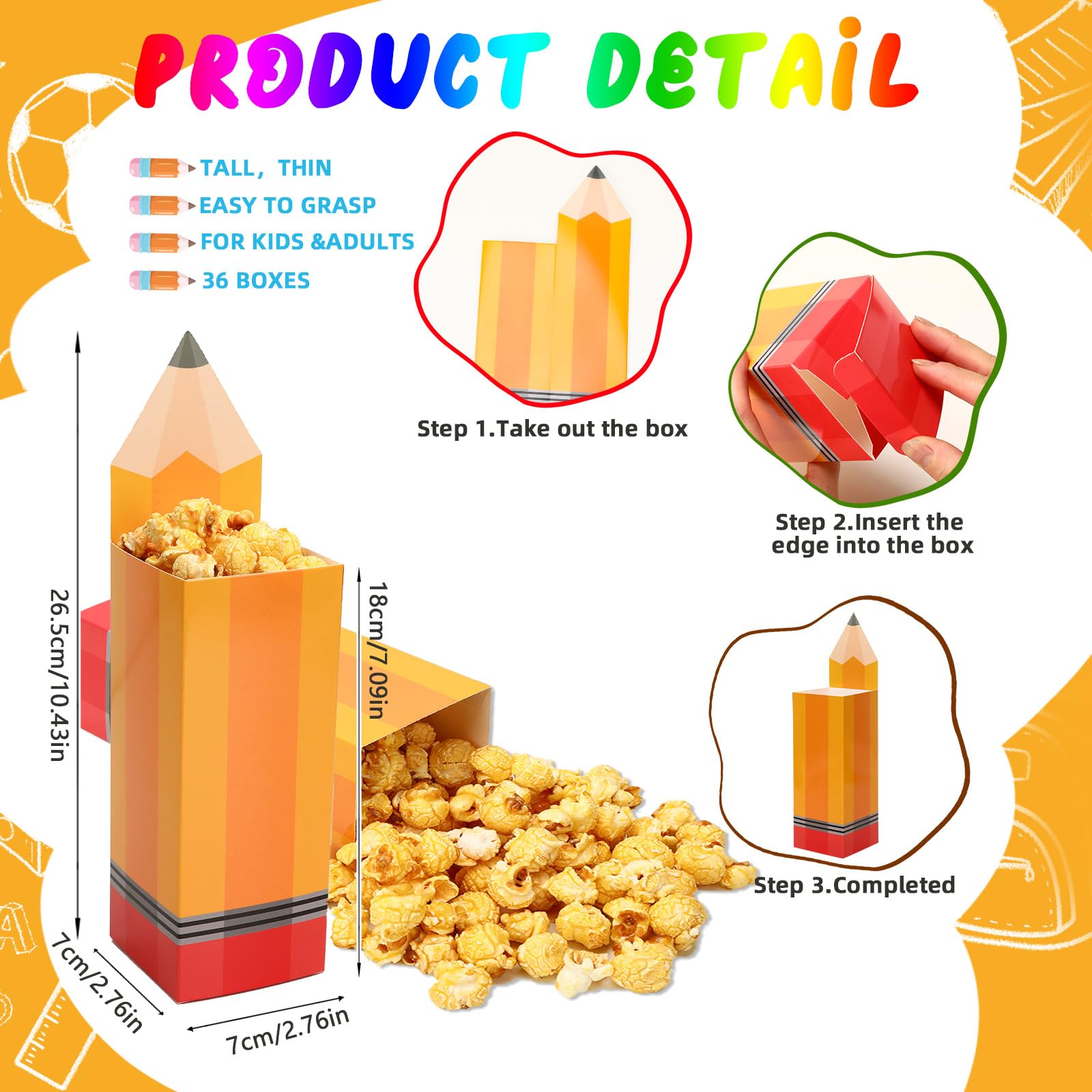 Snapklik.com : 36PCS Back To School Popcorn Boxes Yellow Pencil Treat ...