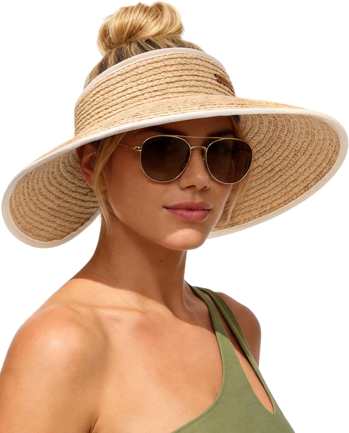 FURTALK Women's Raffia Straw Sun Hats Wide Brim Beach Visor Ponytail Hat Packable UPF 80+ Vacation Essential