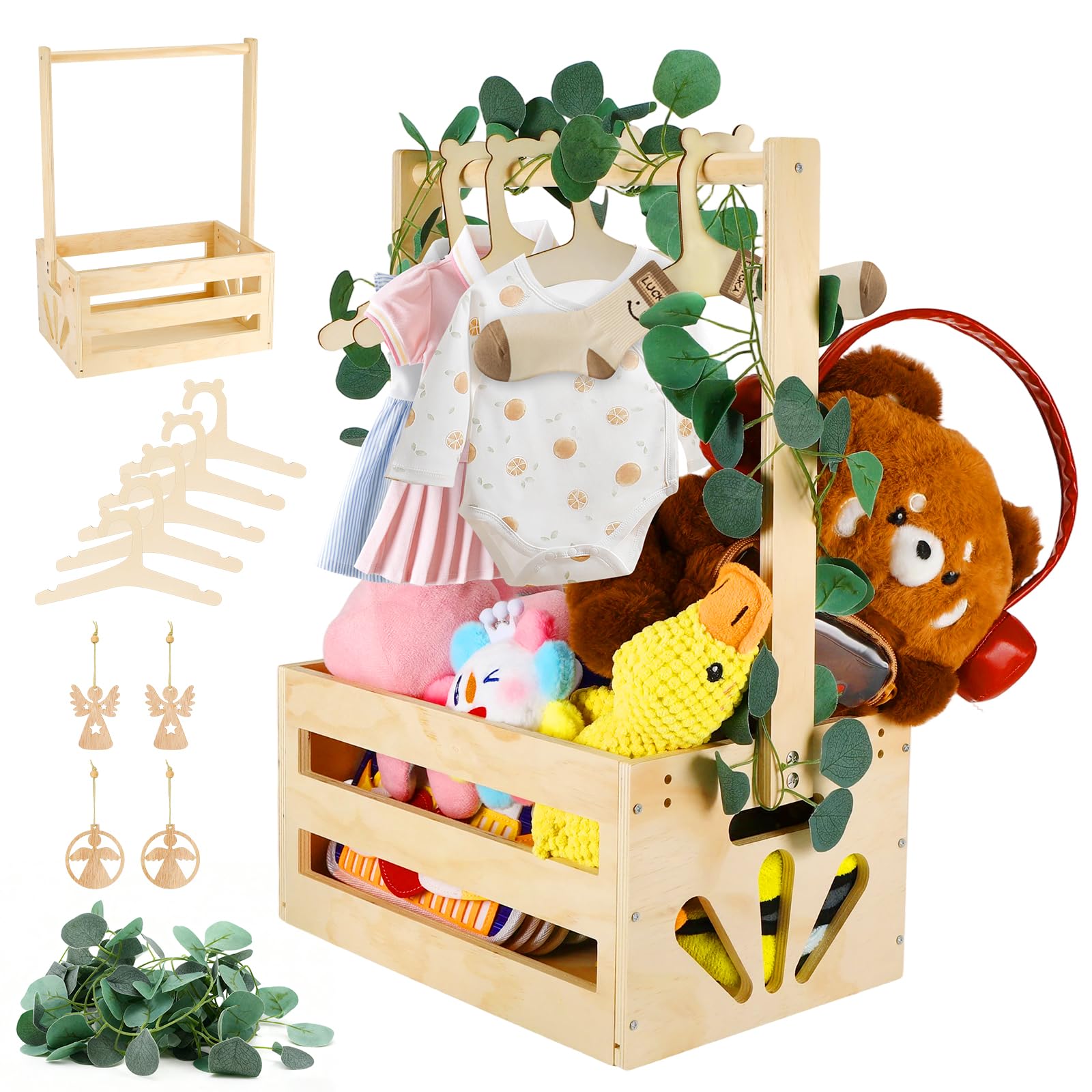 Cesta Madera Baby Shower, Cesta de Almacenamiento para Bebé, Armario para Baby Shower, con Asa Y 5 Perchas De Madera Armario Bebe Percha para Niños para Cumpleaños, Navidad, Nuevos Padres