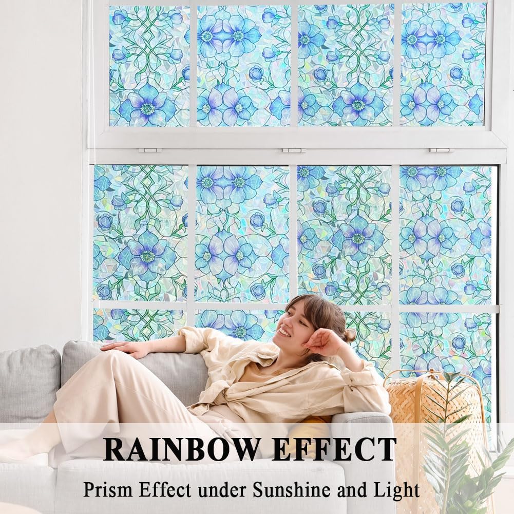 Etched Window Privacy Film Blue Purple Floral Sliding Glass Door Tint No Glue Static Cling Decals 3D Rainbow Decorative Covers Iridescent Anti UV Removal DIY Home Office,35X78.7in.