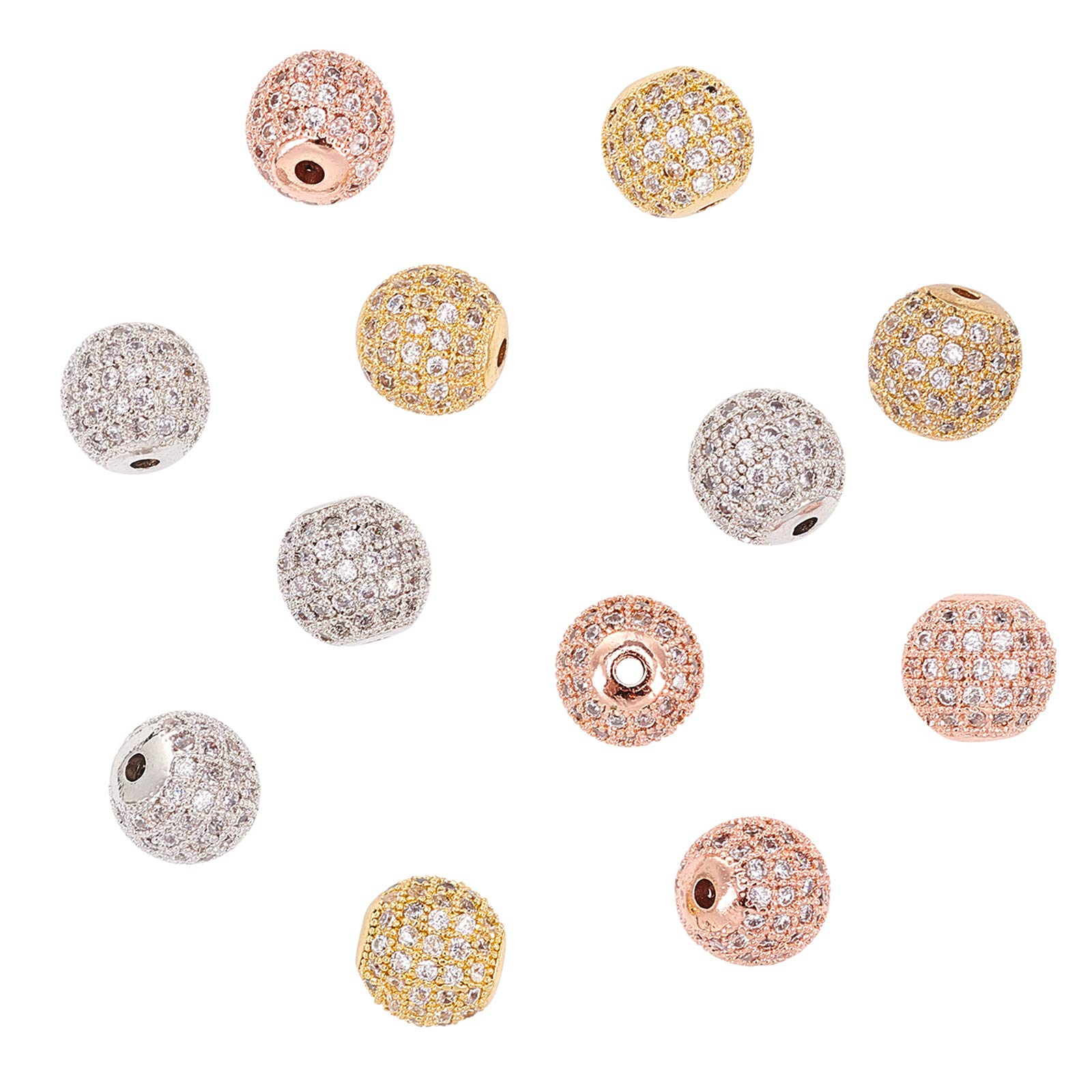 NBEADS12 Pcs About 10mm Round Brass Zirconia Beads, 3 Colors Micro Pave Cubic Zirconia Ball Spacer Beads Clear Crystal CZ Stones for Jewelry Making