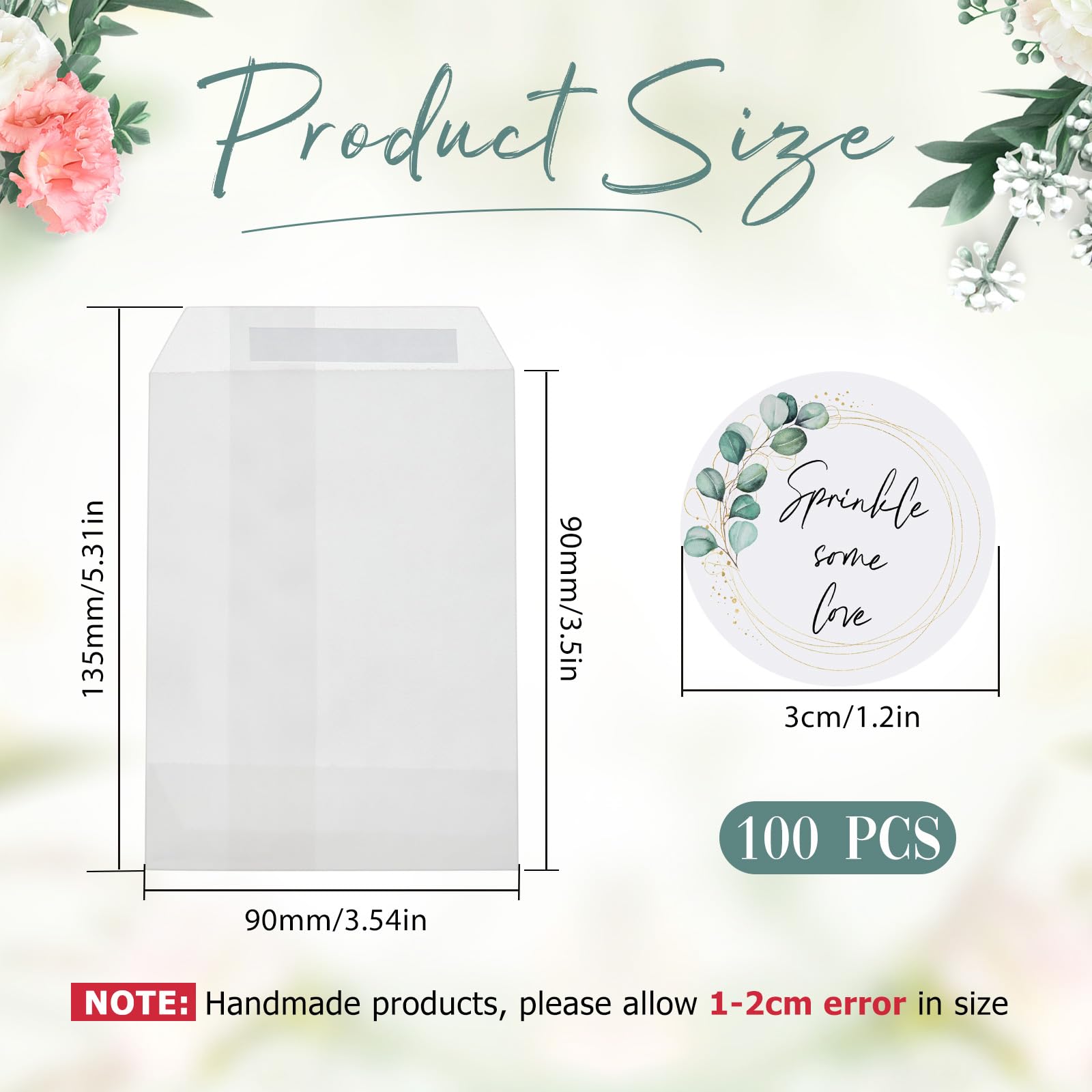 Tenare 100 Pcs Wedding Confetti Bags Set Includes 100 Pcs 3.54 x 5.31 in Glassine Paper Favor Bags Glassine Envelopes and 100 Wedding Confetti Stickers(Green,Stylish Style) - Image 2