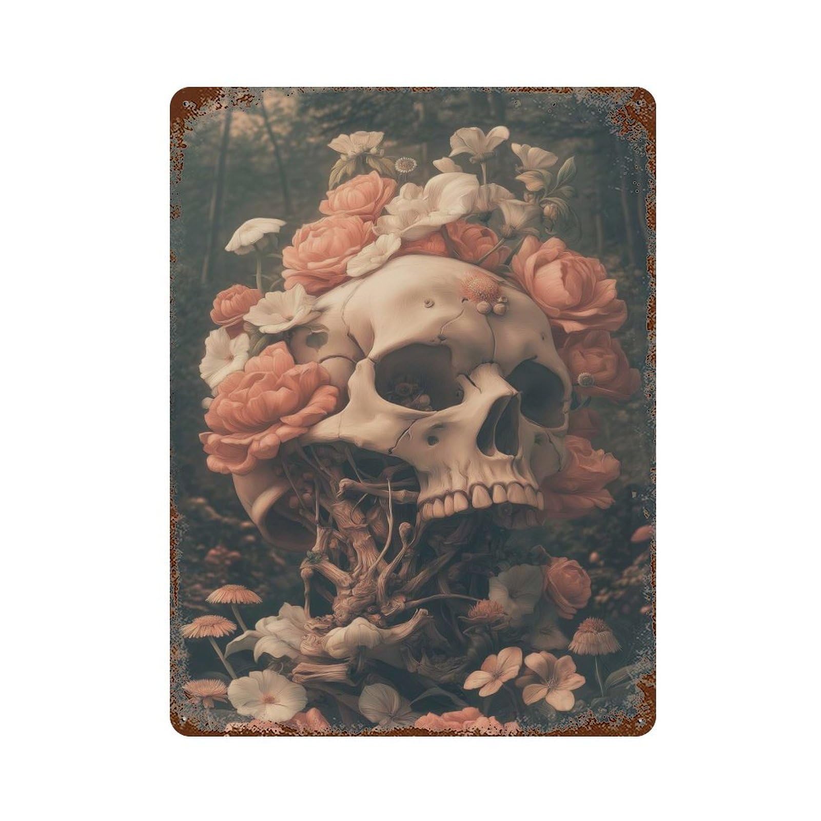 Floral Skull 15.7"x11.8" Aged Metal Wall Plaque, Novelty Wall Decor for Shed, Workshop And Garage Wall Decor