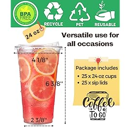24 oz Clear Plastic Cup s with Strawless-Sip-Lids, 25 Sets Disposable Cups Plastic Iced Coffee Cup s, To Go Cups with Sip Through Lids for Smoothie, Milkshake, Cold Drinks for Party, Wedding, Event
