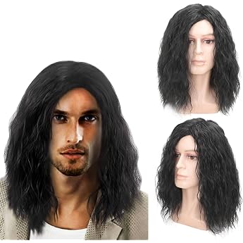 TSHAOUN Lange Schwarz Per cke f r Herren M nner Per cken Lange Lockige Welle Geschichtetes Haar Herren Kost m Hippie Rockstar Herrenper cke f r Halloween Cosplay T glich Fasching Per cke Schwarz