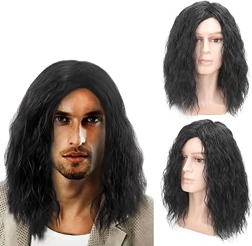 TSHAOUN Mens Black Wig Mid Length Curly Hair, Mens Wig for Adult, 16 Inch/40 cm Pop Rocking Dude Wigs for Men, Handsome Cosplay Wigs for Man 70s 80s Fancy Dress Daily Costume Party Halloween