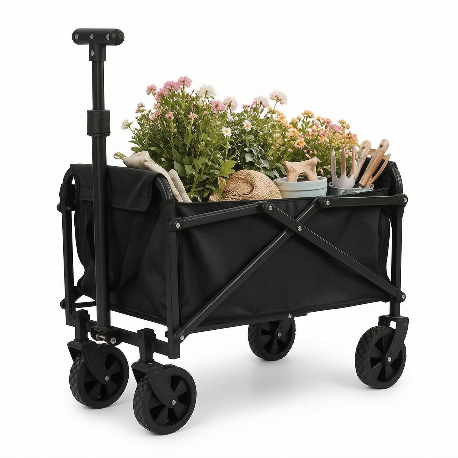 Festival Trolley Folding Cart, Heavy Duty Collapsible Wagon with Wide Wheels, Camping Beach Garden Trolley for Outdoor Fishing Picnic Sports, Adjustable Handle Washable Cloth Black