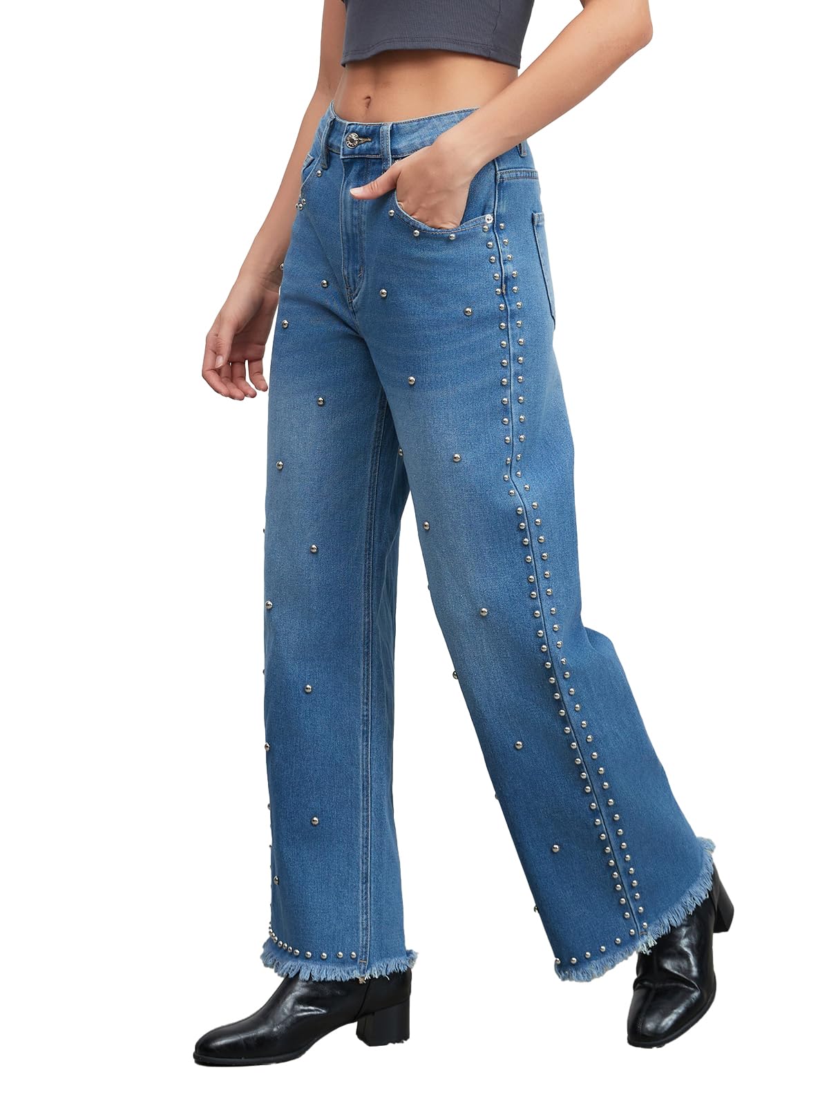 Studded Wide Straight Leg Jeans for Women Stretchy Mid Rise Baggy Raw Hem Rivet Denim Pants Trendy