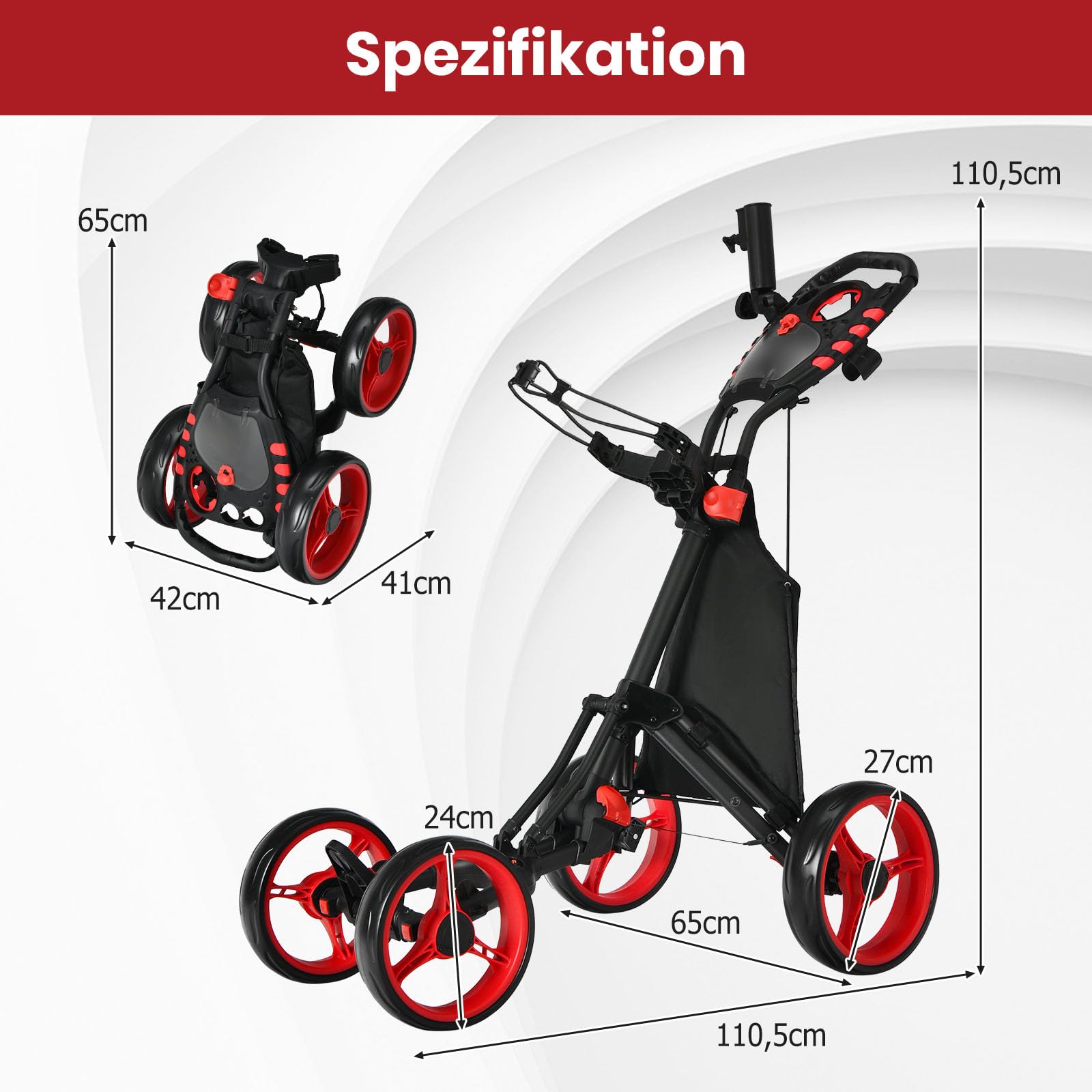GOPLUS Wózek golfowy, 4 koła z regulowanym uchwytem, hamulec nożny, wózek golfowy, składany, z uchwytem na kartę wyników, parasol i napoje, torba do przechowywania, Golf Caddy Golf Push Cart