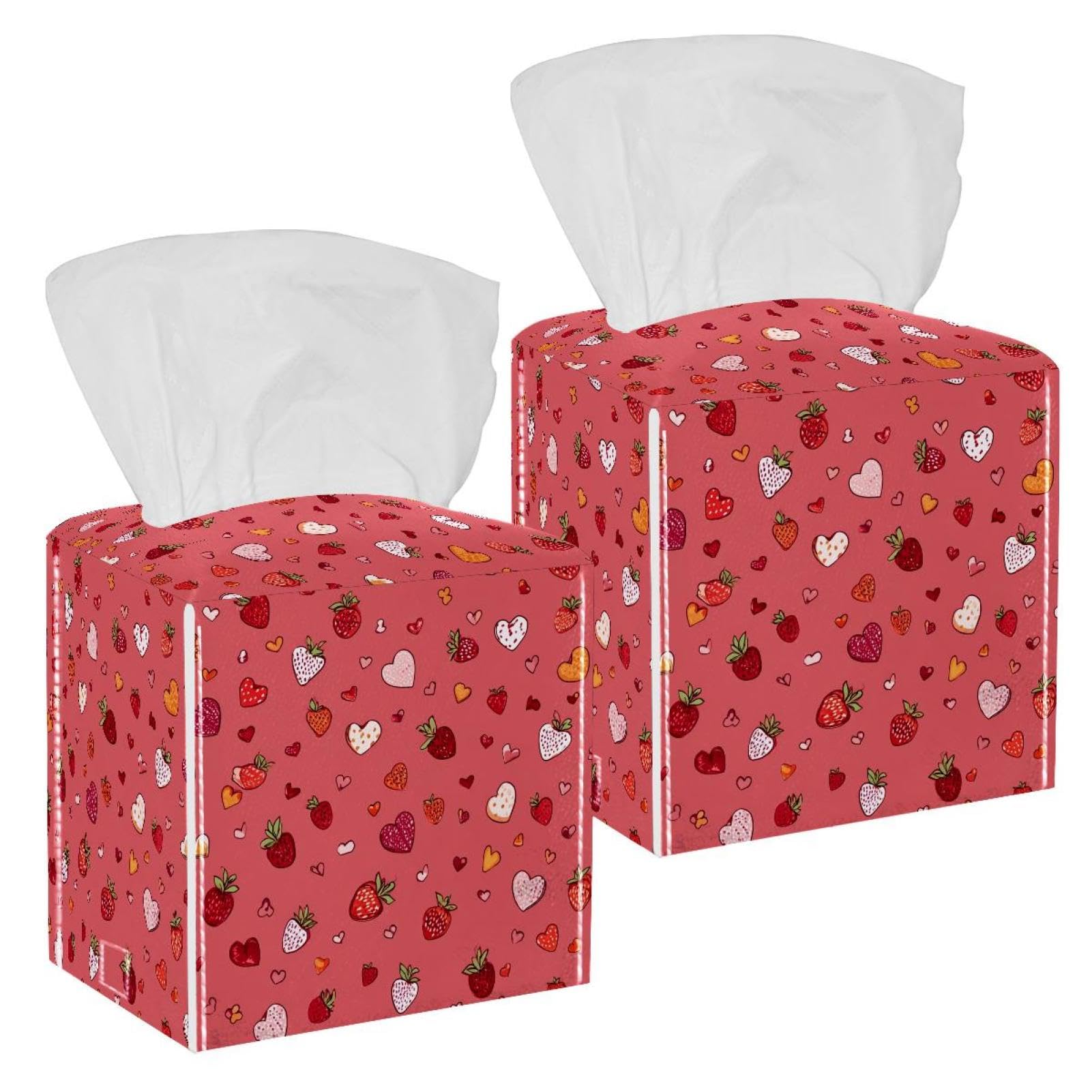 Hearts and Strawberries Tissue Box Cover, 2 Pack PU Leather Square Facial Tissue Dispenser Box holder for Home Office Car