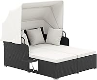 Tangkula Patio Rattan Daybed with Retractable Canopy & Foldable Side Tables, Plush Cushions Outdoor Wicker Lounger for Garden Backyard (Off White)