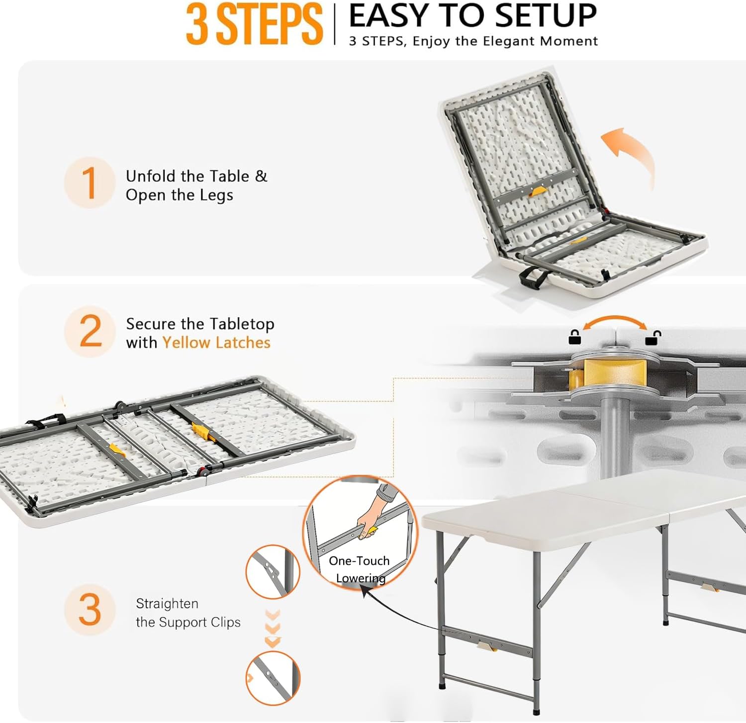 4FT Folding Table with One Press Adjustable Height,Fold in Half Portable Card Table with Carry Handle&Locking Steel Legs,Heavy Duty Plastic Utility Table for Party,Picnic,Camping Indoor Outdoor,White