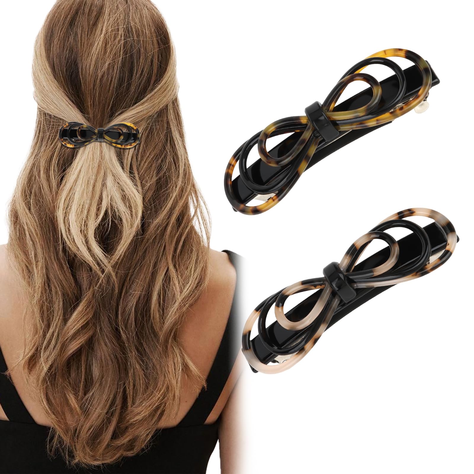 ANBALA 2Pcs French Barrette Hair Clips Tortoise Shell for Women Bow Hair Barrettes for Women Bow Hair Clips for Medium, Thick Hair