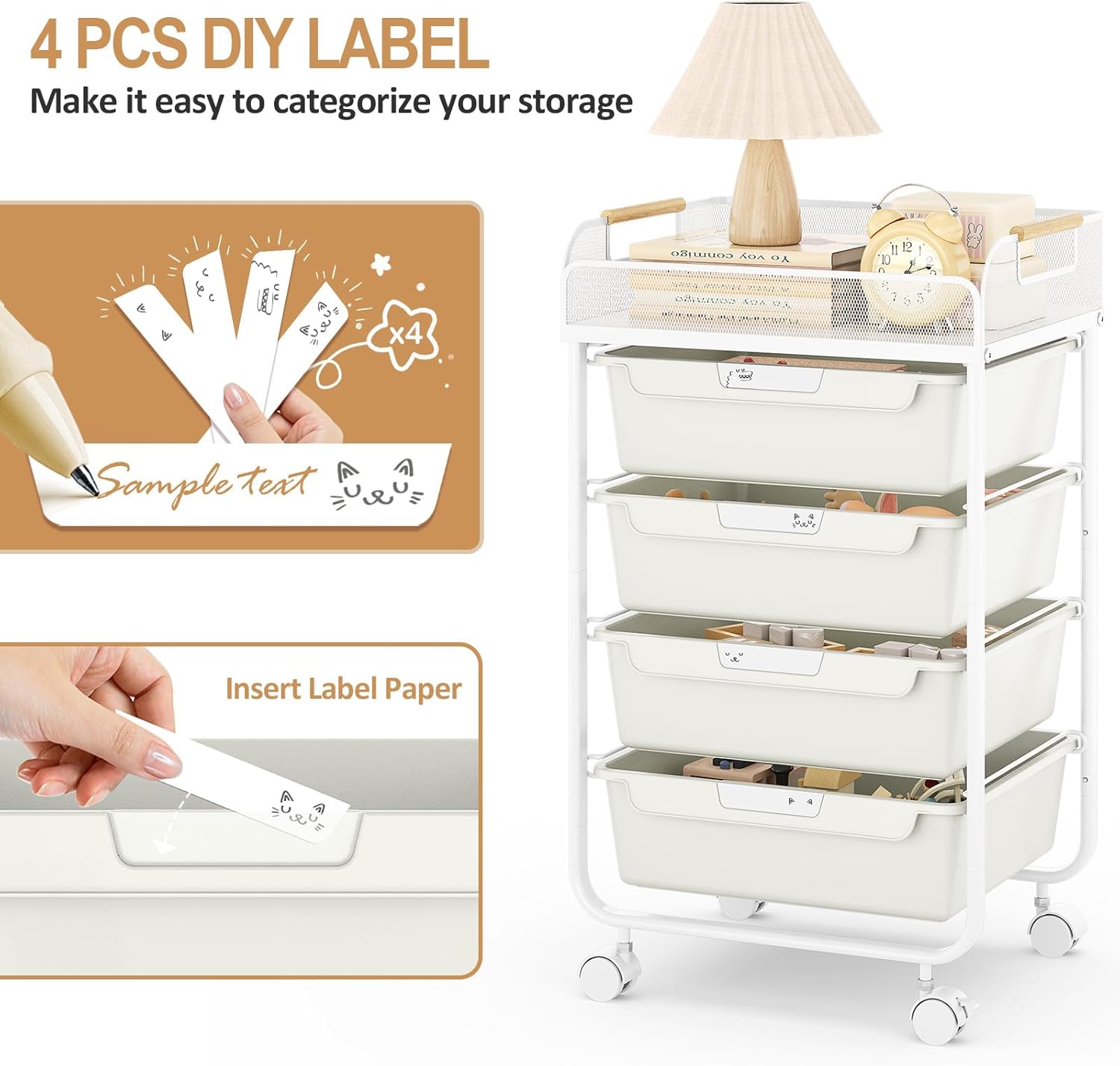 SYKIARIOL Rolling Utility Storage Cart with 4 Drawers - 4 Tiers Rolling Cart Craft Cart, Storage Drawer Cart Organizer for Craft Room Office Bedroom Classroom with Mesh Top & 4 PCS DIY Lable, White