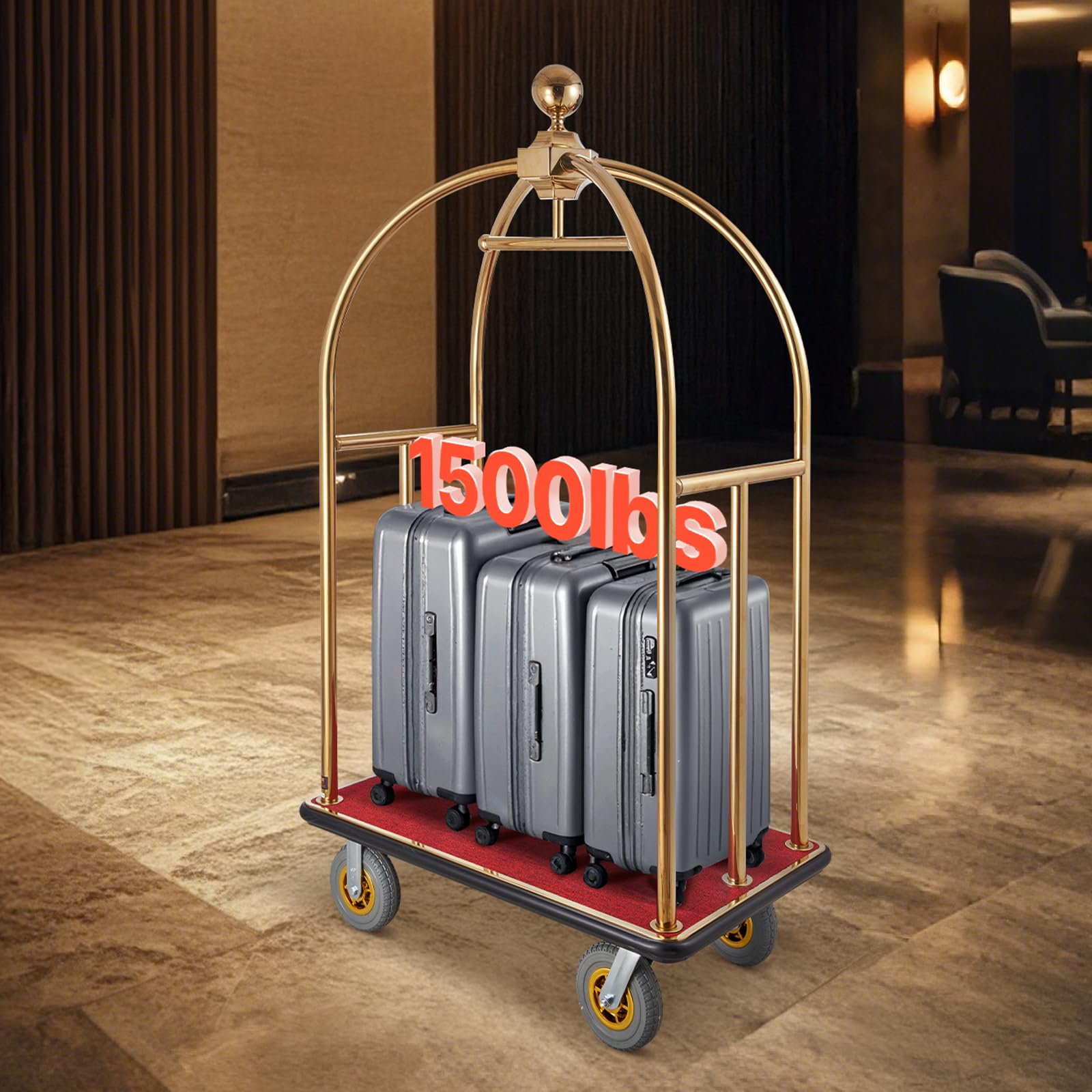 VEVOR Carrello Portavaligie per Hotel, Carico 680 kg Carrello Trasporto Portavaligie in Acciaio Inox Spazzolato con Montanti Curvi, Ponte in Moquette Rossa, Ruote in Gomma 203,2 mm per Hotel Condomini