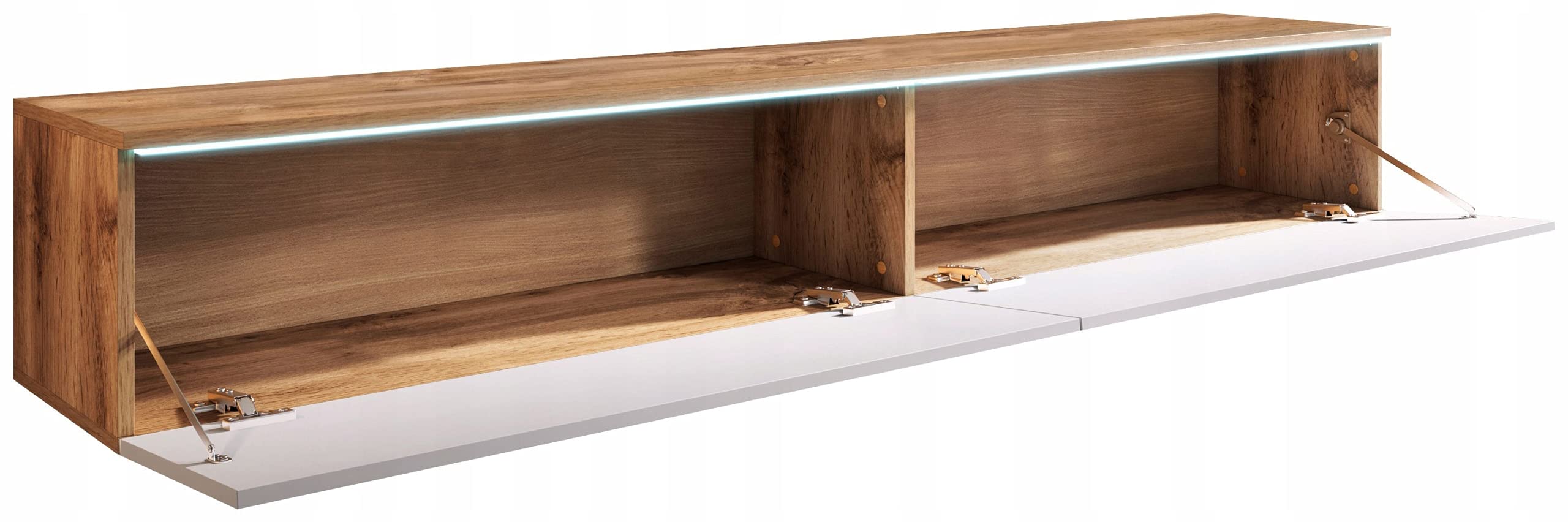 Meuble TV LOWBOARD D 180 cm, support de télévision, meuble TV suspendu, blanc, béton (Wotan / blanc brillant avec éclairage LED)