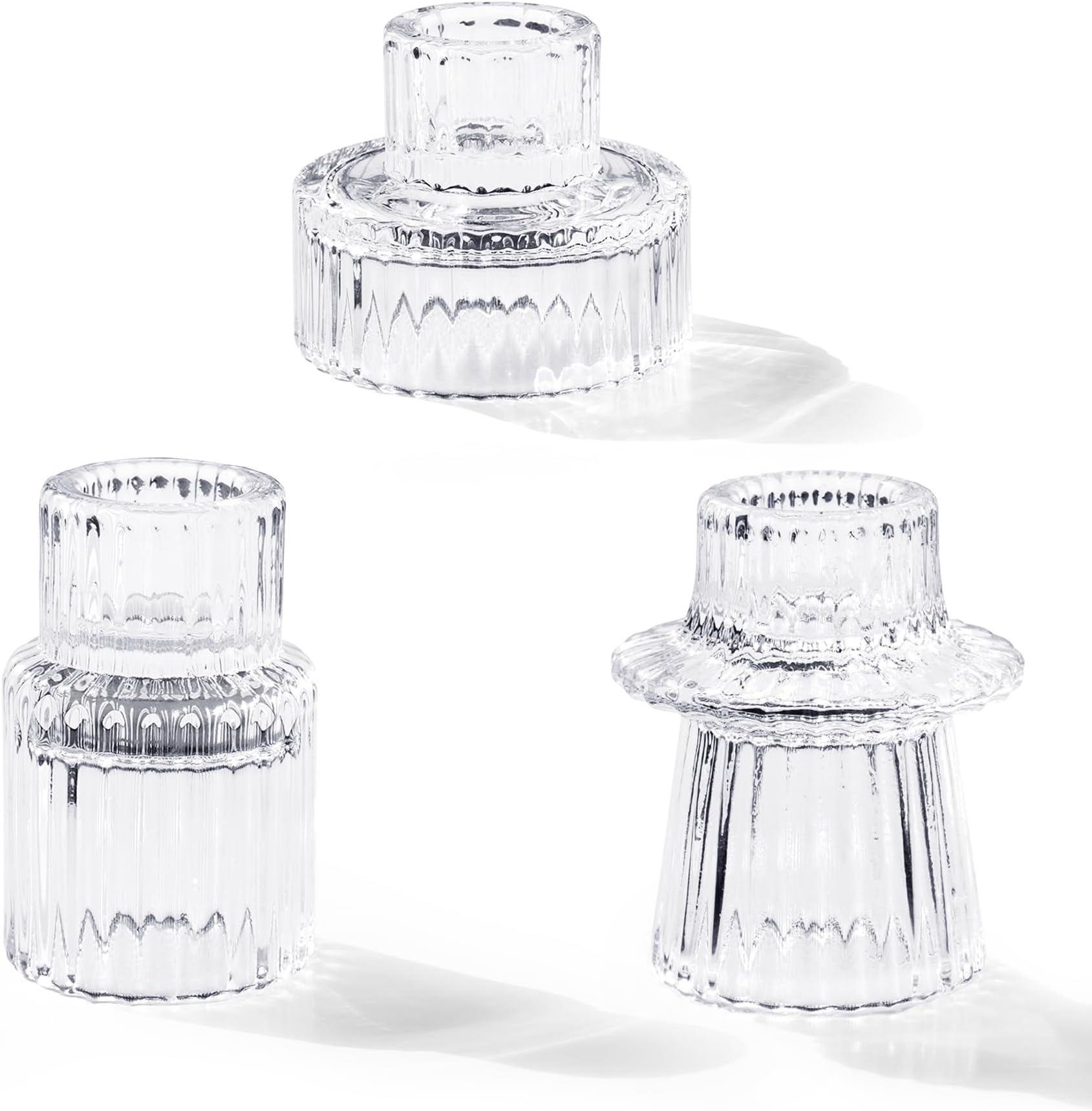 Candle Holders Set of 3, Glass Candlestick Holders Pinstripe Pattern, Reversible Tealight & Taper Candle Holders, Transparent Crystal Tea Light Candle Holder for Wedding Dinner Party Festival