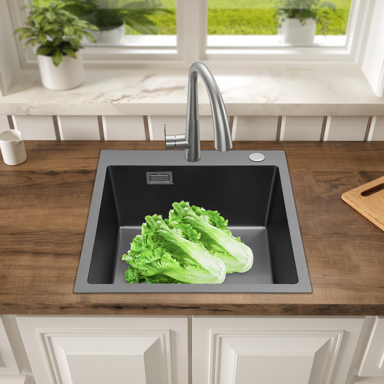 Fregadero de cocina de granito, de 45 x 50 cm, de acero inoxidable con dispensador de jabón y juego de drenaje, lavabo de cocina y fregadero empotrable para armario bajo a partir de 45 (negro