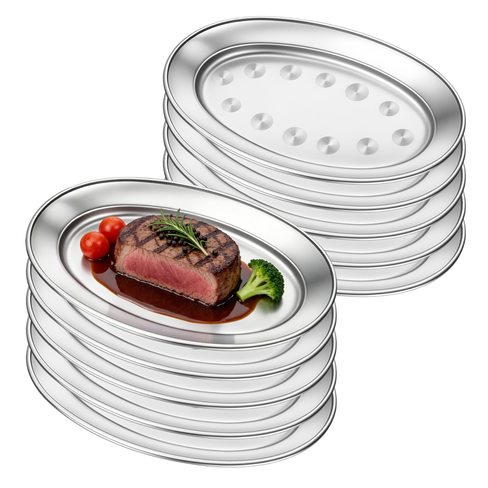 LQOZYYUL 10 Pack Stainless Steel Serving Platter, 26cm Metal Oval Serving Dishes, Silver Serving Tray Dinner Fish Plate Food Tray Platter for Catering Buffet Party Restaurant – 26 x 17 x 2cm