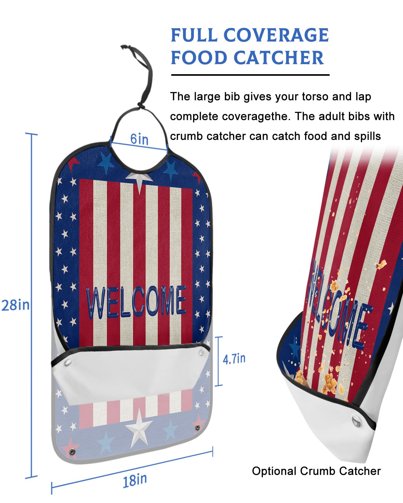 Kewadony Adult Bibs for Elderly Women - 4th of July Waterproof Dining Clothing Protectors with Crumb Catcher for Eating/Feeding, Welcome American Flag Red Striped Independence Day Terry Cloth Bib