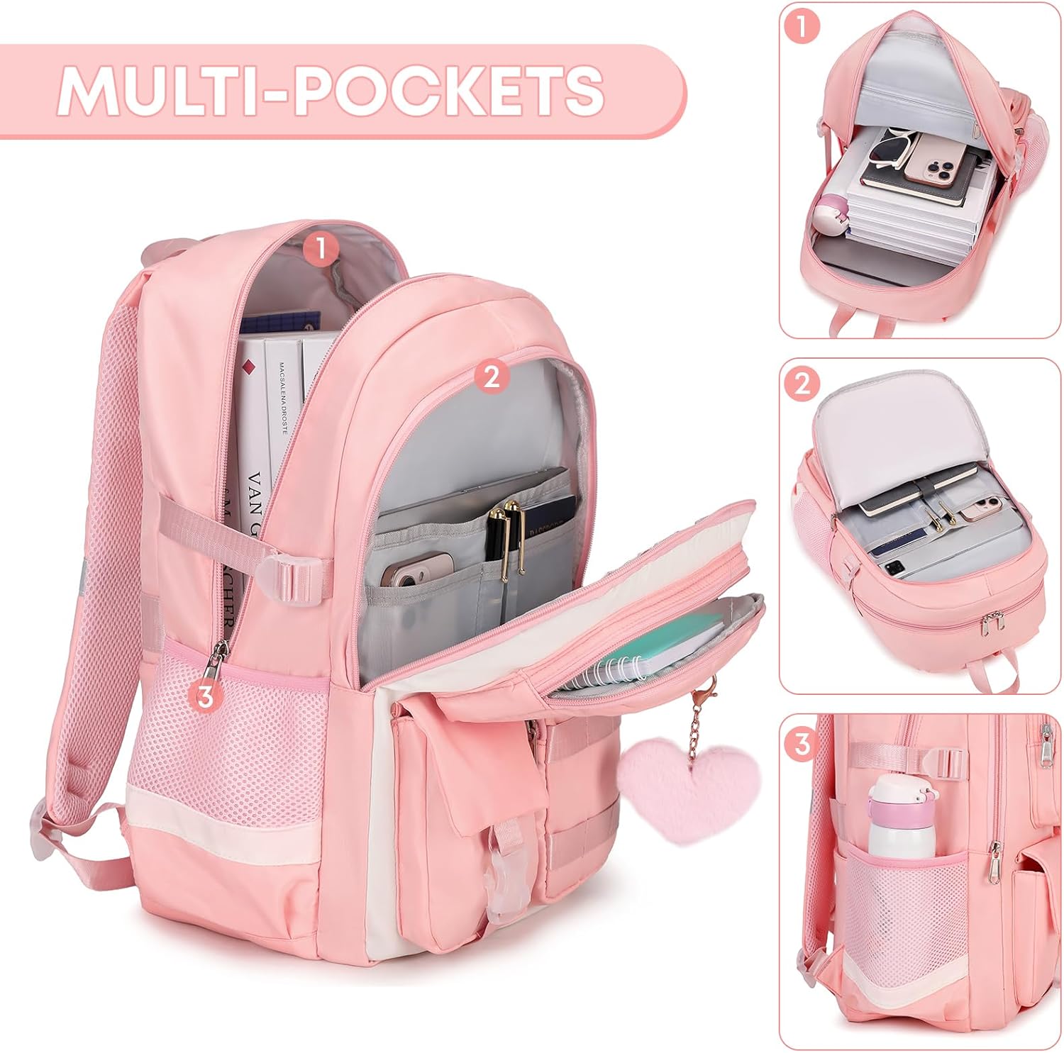 3PCS Girls Backpack For College Middle High School Student Teens Women Bookbag Waterproof Laptop Bag Pink Beige