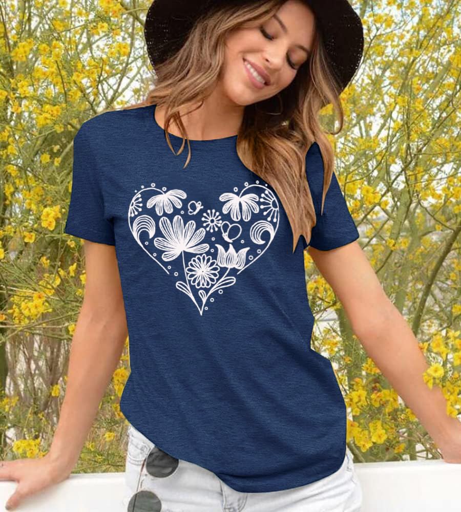Flower Tshirts Shirts for Women Cute Dandelion Tshirt Casual Short Sleeve Wildflower Floral Heart Print Graphic Tee Tops - Image 5