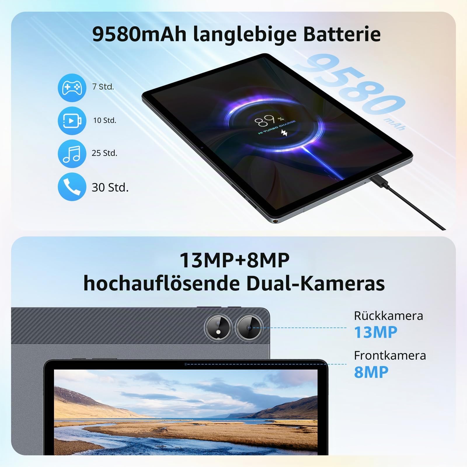 2K Tablet 11 Zoll, 36GB RAM+512GB ROM (2TB TF), Android 15, 4G SIM LTE+5G WiFi, Octa-Core, 2000 * 1200, 9580mAh, 13MP+8MP, WidevineL1, GPS, Bluetooth, Tablet mit Tastatur ect(Grau)