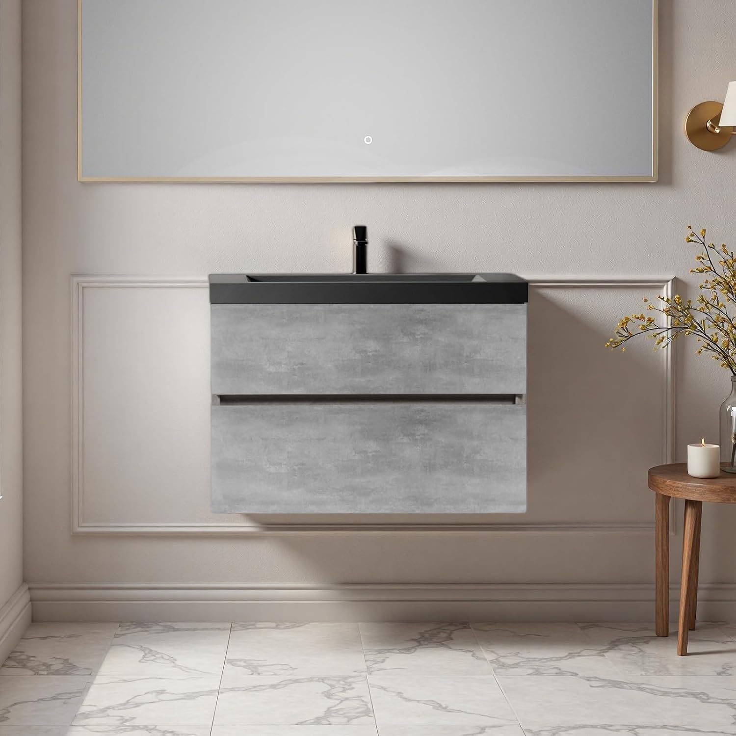30" Bathroom Vanity with Sink, Floating Bathroom Vanity with One-piece Quartz Sand Basin, 2 U-Shaped Storage Drawers & Hidden Handles, Modern Home Wall-Mounted Vanity, Cement Grey
