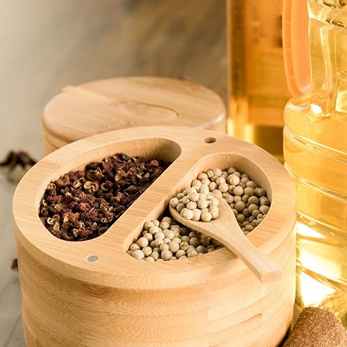 Miniatura 5 de Prefdo Caja de bambú para sal y pimienta con tapas, bodega de sal dividida con tapa giratoria y mini cuchara, contenedores de almacenamiento de