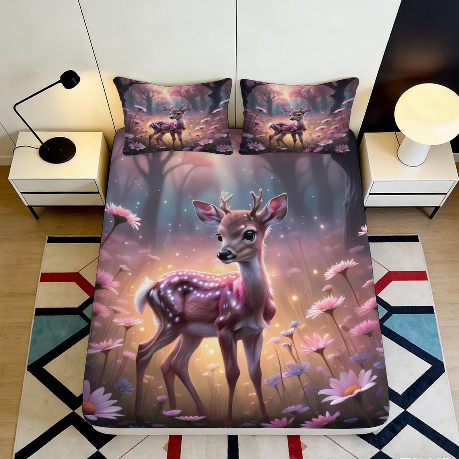 3D Printed Deer Floral Fitted Sheet Microfiber Soft Breathable Forest Bed Cover for Bedroom Dormitory Guest Room Mattress Protection Decor 200x200x25cm