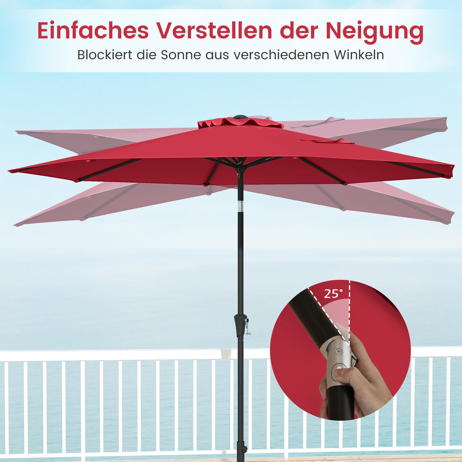 GOPLUS Sonnenschirm 300cm, Gartenschirm beidseitig um 25° knickbar, Terrassenschirm mit Kurbel, Balkonschirm mit 8 Rippen, Marktschirm für Garten, Balkon & Terrasse, Weinrot