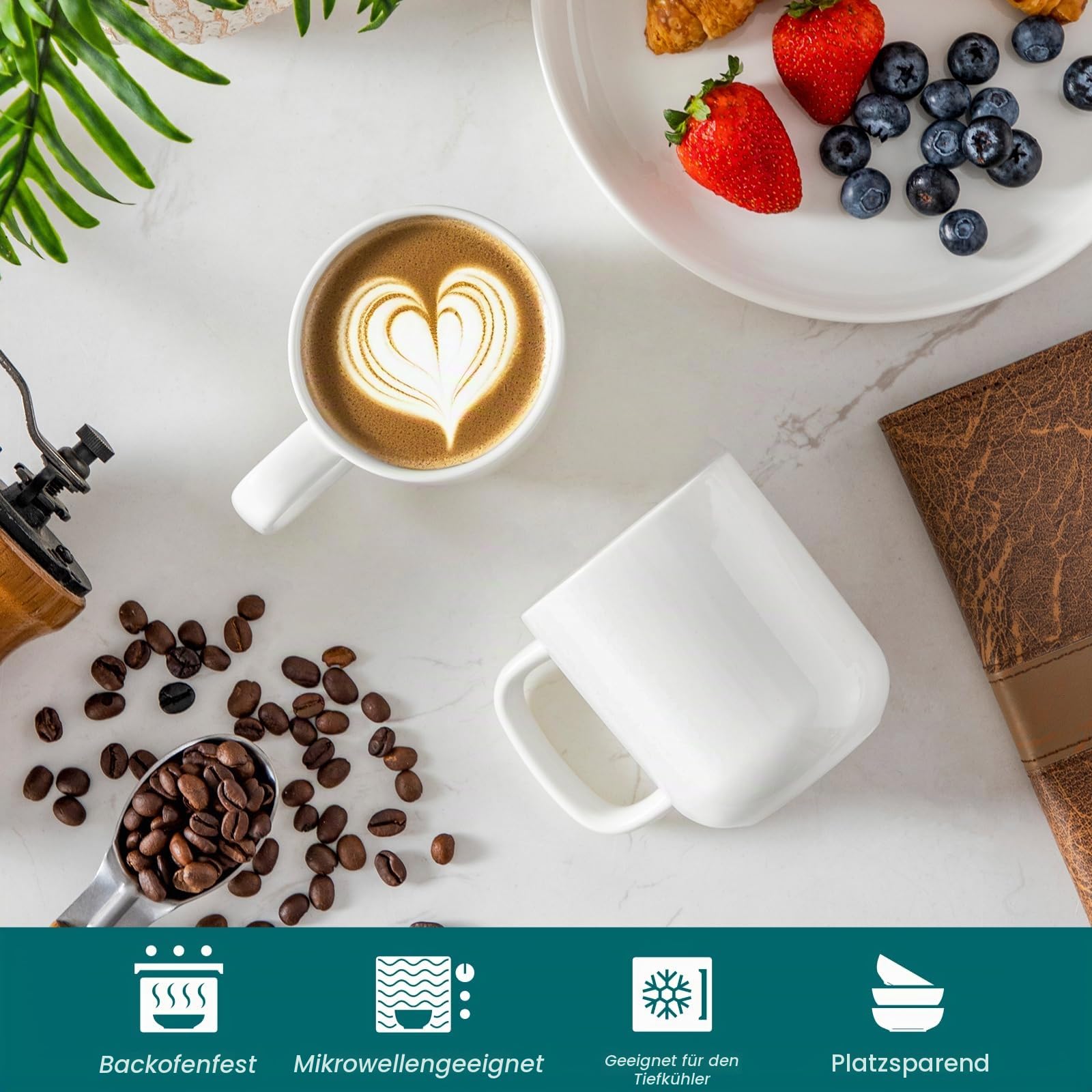 vancasso Kaffeebecher set, Kaffeetassen Set 6 Personen aus Porzellan, 480ML Tassen Set weiß, 6er Kaffeeservice mit Henkel, Tassen mit Henkel für Kaffee, Tee