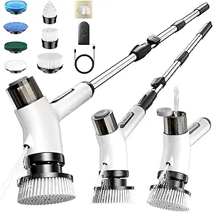 Electric Spin Scrubber,Cordless 2 Speeds Shower Scrubber with Foam &Remote Control,IPX7 Waterproof Adjustable Electric Scrubber for Cleaning with 7 Replaceable Brush for Bathroom Kitchen Car