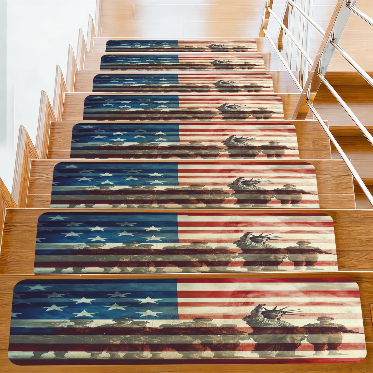 Alfombras antideslizantes para escaleras de 10 peldaños diseño bandera americana soldados