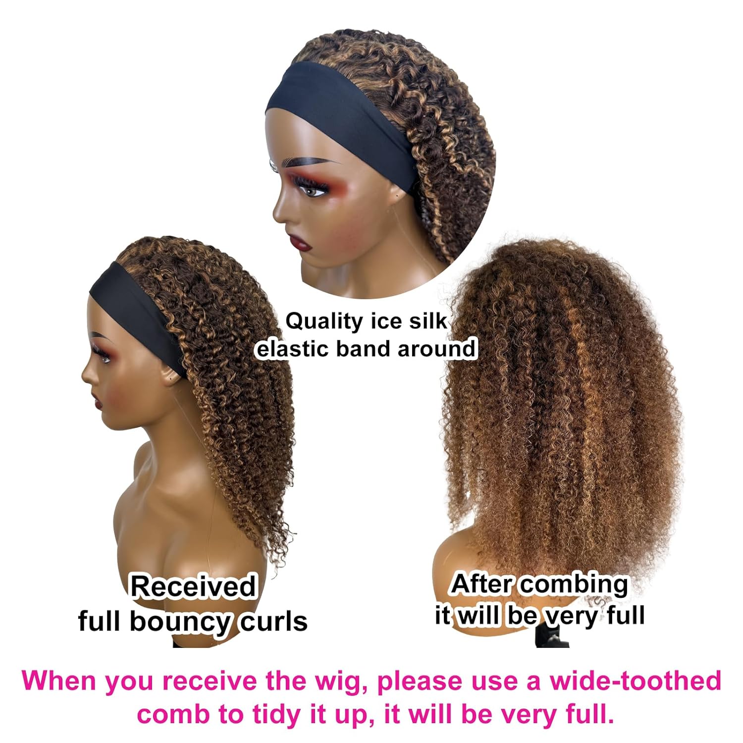 Ombre Highlight Headband Wig Human Hair #4/27 Colored Kinky Curly Headband Wig for Black Women Glueless None Lace Front Human Hair Wigs Brazilian Virgin Hair Wear and Go Wigs 150% Density 18 Inch