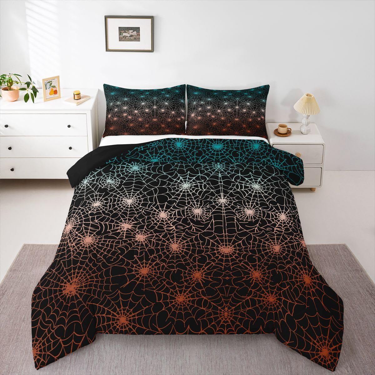 Halloween Comforter Set Full Size Spider Web Bedding Set Boho Geometric Stripes Lines Bedding Comforters & Sets Teal Red Duvet Set For Adult Men Women All Season Room Decor 3 Pieces, Black White