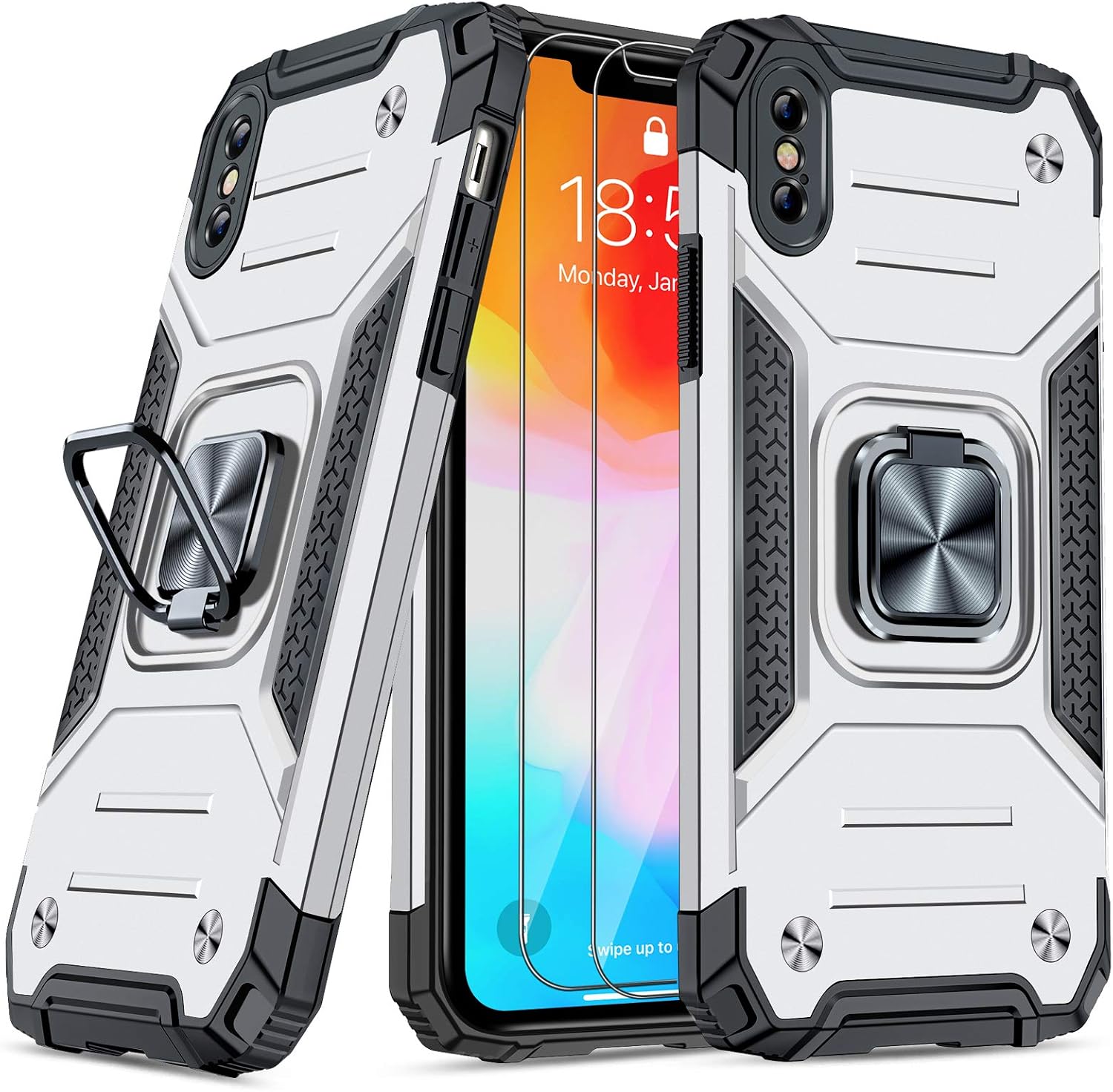 JAME Case for iPhone Xs Max Case with Screen Protector [2Pcs], Military-Grade Drop Protection, Protective Case with Ring Kickstand, Shockproof Bumper Case for iPhone Xs Max 6.5” Silver