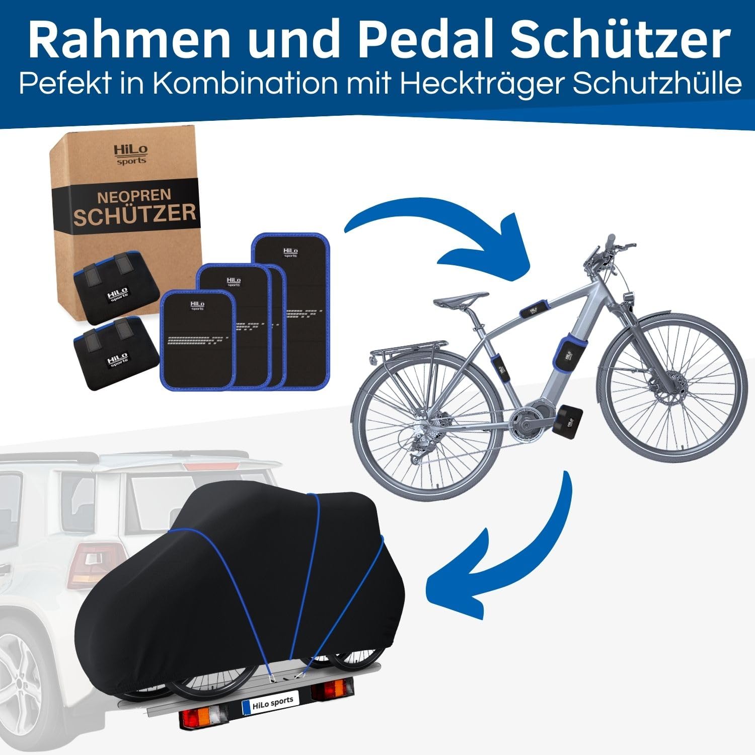 HiLo sports Fahrrad Rahmen- und Transportschutz Set - [4x Rahmenschützer & 2x Pedalschützer] - Für alle Rahmenumfänge von 5-28cm - E-Bike und Fahrrad Schutz mit Reflektoren (Schwarz - Blau)