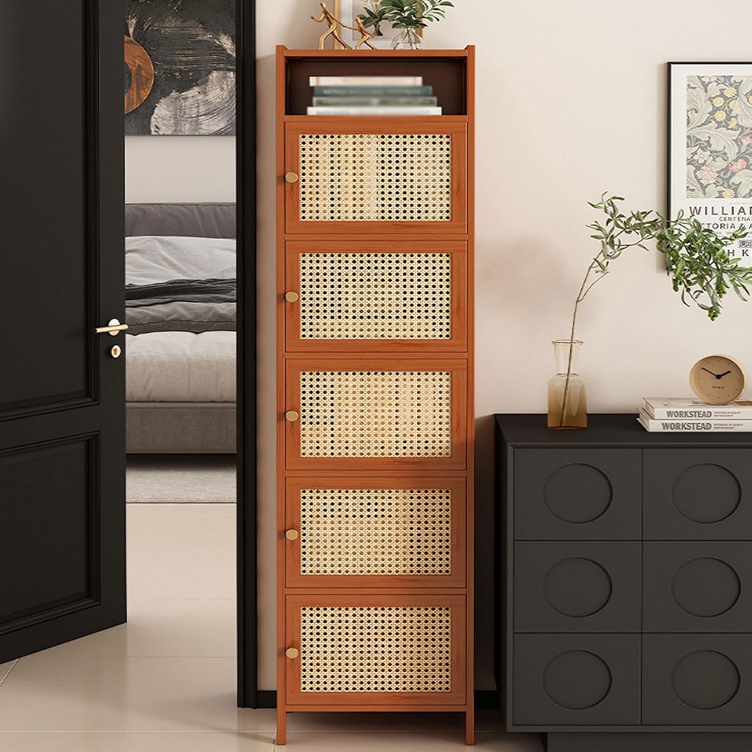 TGF Furniture Store Tall Storage Cabinet with Rattan Doors – 5-Tier Brown Wooden Bookshelf – Boho Style Standing Cabinet for Living Room, Bedroom, or Office-image-38
