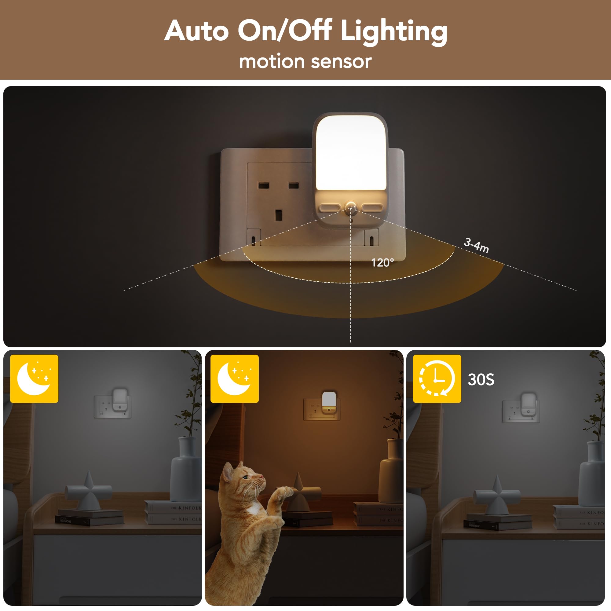 SKERITO 2-Pack Plug-in Night Lights With Motion & Light Sensor - 3000K Warm White, Auto On/Off For Hallway, Bedroom, Stairs