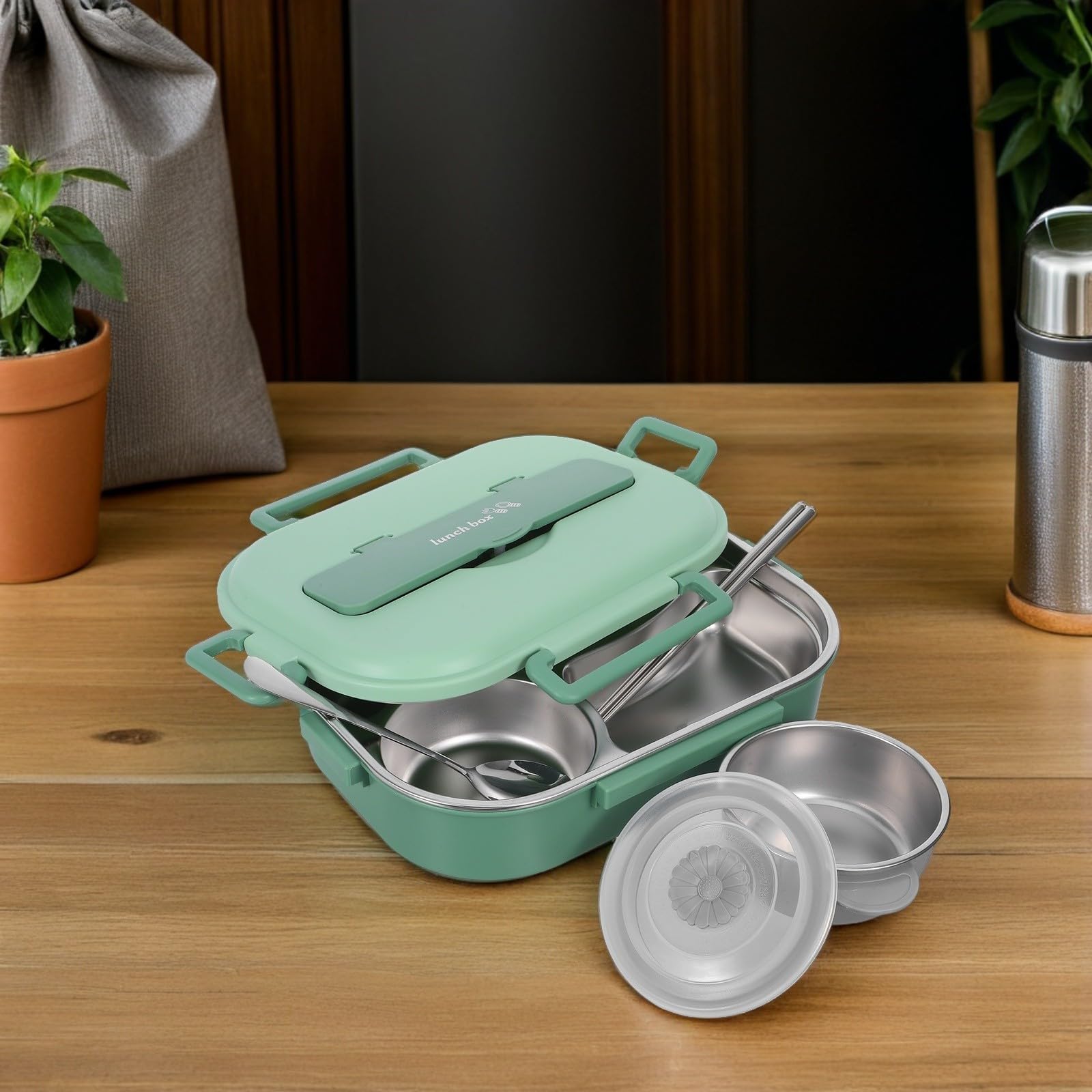 Lunch Box in Acciaio Inox con 4 Scomparti 1500ml Verde | Chiusura Robusta, Plastica e Acciaio Inox, per Lavoro e Uscite Lunghe, con Ciotola Zuppa e Posate